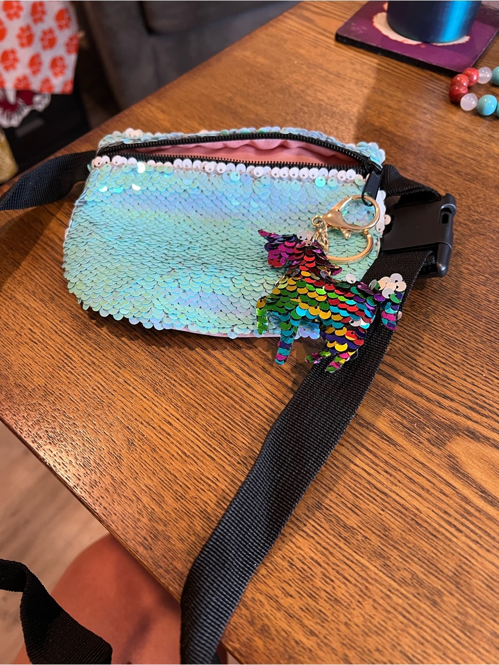 Sequin Mermaid Mini Fanny Pack Bag - Iridescent Aqua with Unicorn Charm